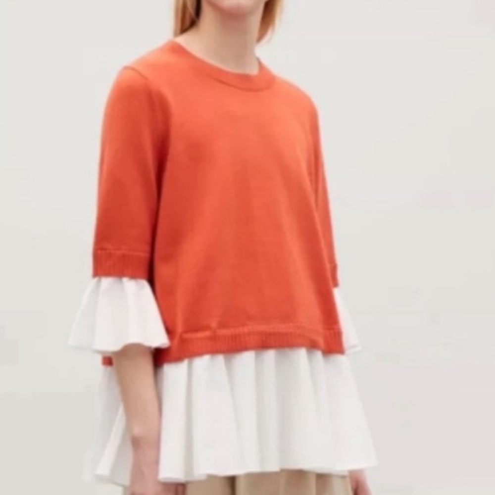COS Knitted Jumper with Shirt Detail Crewneck Sweater Orange M